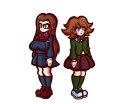  blush bow brown_eyes brown_hair chihiro_fujisaki chihiro_fushimi clothed crossdressing dangan_ronpa empty_eyes eyebrows_visible_through_hair femboy femsub glasses happy_trance kneehighs large_breasts long_hair malesub multiple_subs open_mouth persona_(series) persona_3 short_hair simple_background skirt smile smushdrop standing standing_at_attention tagme white_background 