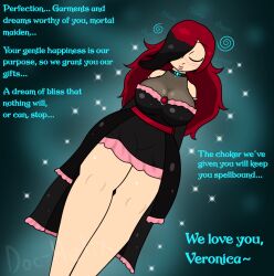  breasts choker doc-helix dress femsub ghost hair_covering_one_eye happy_trance huge_breasts hypnotic_clothing multicolored_hair original red_hair sleeping spiral text veronica_(doc-helix) 