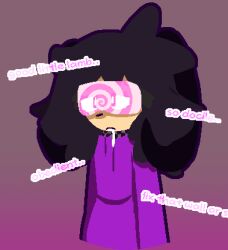 black_eyes black_hair cami_kablamy clothed dazed drool expressionless gradient_background heavy_eyelids humor long_hair non-binary non-binary_sub original simple_background solo spiral sweater text visor