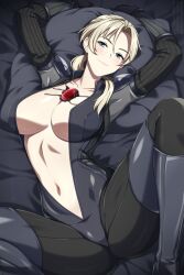 alternate_hair_color bed blonde_hair blue_eyes bodysuit breasts cleavage enemy_conversion huge_breasts hypnotic_accessory jill_valentine large_breasts light_skin lindaroze looking_at_viewer navel open_clothes ponytail resident_evil resident_evil_5 tech_control