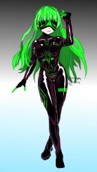  bangs barcode blindfold blue_background bodysuit boots crotch_tattoo drone femsub gloves gradient_background green_hair grey_background high_heels latex long_hair original rubber signature smile standing tight_clothing very_long_hair xxx_(artist) 