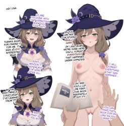  absurdres ai_art book brown_hair cleavage comic dialogue dress empty_eyes expressionless femsub genshin_impact gloves green_eyes guilegaze_(generator) guilegaze_(manipper) librarian lisa_minci long_hair magic multiple_views navel necklace nipples nude open_mouth pussy text witch_hat 