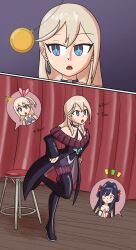  black_hair blush boots breasts chicken_dance chicken_pose clothed cygames earrings english_text female_only femsub hoshino_sakuya leve_(world_flipper) long_hair mythkaz pendulum red_eyes short_hair speech_bubble stage_hypnosis stella_(world_flipper) text world_flipper 