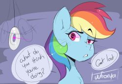  animal_ears coin confused dialogue femsub furry glowing_eyes horse_girl my_little_pony pegasus_girl pendulum pov pov_dom purple_background purple_eyes rainbow_dash rainbow_hair simple_background speech_bubble tagme text uuforya watermark 