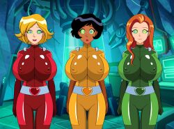 absurdres alex black_hair blonde_hair bodysuit cleavage clover dark_skin erect_nipples_under_clothes female_only femsub gloves huge_breasts jimryu kaa_eyes light_skin long_hair multiple_girls multiple_subs open_mouth orange_hair sam short_hair smile standing standing_at_attention surprised thigh_gap totally_spies 