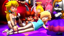 3d blonde_hair breasts brown_hair bunny_ears bunny_girl bunnysuit clothed crown female_only femdom femsub furry gloves glowing glowing_eyes happy_trance hariet_(mario) jewelry long_hair multiple_girls nintendo onmodel3d open_mouth opera_gloves princess princess_daisy princess_peach princess_rosalina smile super_mario_bros.