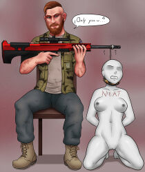 bald beard boots bottomless breasts brown_hair collar collarbone deputy_(far_cry_5) erect_nipples far_cry_5 femsub gun jacob_seed jeans kneeling maledom nude pussy short_hair small_breasts text topless weapon white_skin xxxx52