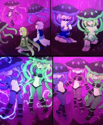  absurdres androgynous_dom arms_behind_back barefoot breasts character_request electricity enemy_conversion femdom femsub floating green_hair hypnotic_creature hypnotized_dom jellyfish lazzysin malesub midriff multiple_doms multiple_girls multiple_subs navel nipples original possession purple_hair restrained sequence short_hair tagme tentacles torn_clothes transformation white_hair 