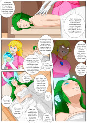 blonde_hair blue_eyes breasts comic drool earrings evil_smile female_only femdom femsub gloves glowing_eyes goddess green_eyes green_hair hypnotic_massage hypnotic_touch hypnotized_hypnotist kid_icarus massage multiple_girls mushroom nintendo nipples oo_sebastian_oo palutena princess princess_peach smirk speech_bubble super_mario_bros. text towel white_eyes