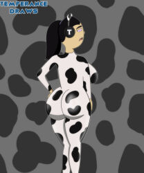 ass black_hair breasts cow_girl female_only femsub gwen_dang hand_on_hip headphones large_ass large_breasts latex ponytail solo spiral_eyes symbol_in_eyes tech_control temperancedraws the_harper_house