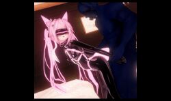 animal_ears animated animated_gif arms_behind_back bangs bed bedroom blush bodysuit bulge collar femsub flat_chest fox_ears fox_girl fox_tail hair_ornament harness koikatsu! kuromaru latex m.u.g.e.n. maledom nekoailuliya open_mouth original pasties pink_hair rubber sex tail tight_clothing twintails visor