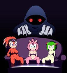 absurdres amy_rose bottomless breasts cosmo_the_seedrian couch discolored_nipples dr._chaos dreamcaster echidna_girl empty_eyes femsub furry hedgehog_girl hypnotic_screen large_breasts monster_girl multiple_subs nude open_mouth plant_girl robot shade_the_echidna simple_background sitting sonic_the_hedgehog_(series) tech_control topless