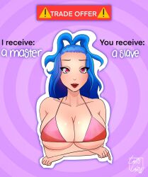  bikini blue_hair breasts cleavage female_only femsub heart_eyes lapis_(lapislazuliart) lapislazuliart large_breasts looking_at_viewer meme original sketch solo spiral_background text tongue_out 