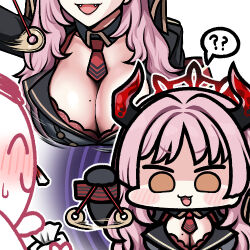  bangs blood blue_archive blush breasts brown_eyes chibi cleavage clothed coin confused failed_hypnosis fangs hanging_breasts horns huge_breasts jazz_jack long_hair military_uniform mole multiple_views nosebleed open_mouth pendulum pink_hair satsuki_(blue_archive) sensei_(blue_archive) simple_background smile sweat tie white_background 