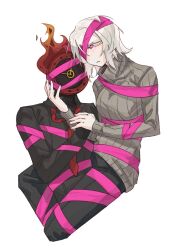  androgynous androgynous_sub blush clock clothed dante_(limbus_company) eye_color_change faust_(limbus_company) femdom femsub flame gloves holding_hands ivy_(lrain1002) large_breasts limbus_company living_costume non-binary non-binary_dom pants pink_eyes pink_shoes_(limbus_company) possession ribbon ribbon_bondage shirt short_hair simple_background sweater white_background white_hair 