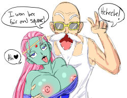  absurdres body_control breasts caway dragon_ball dragon_ball_super empty_eyes femsub happy_trance heterosexual huge_breasts large_breasts master_roshi neo-izayoi pink_hair text tongue tongue_out 