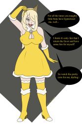 alternate_costume blonde_hair boots cleavage_cutout cosplay cynthia dress erect_nipples_under_clothes fake_animal_ears femdom gloves hypno hypnotized_hypnotist mina_morgan_(artist) nintendo pendulum pokemon pokemon_diamond_pearl_and_platinum pov pov_sub spiral_eyes text turning_the_tables