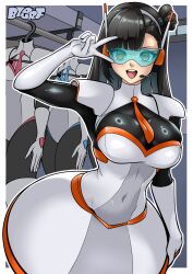  absurdres antenna bangs black_hair border bzurrrf cleavage complex_background dress empty_eyes femsub girls_frontline gloves hair_band hair_buns happy_trance latex leotard long_skirt looking_at_viewer microphone navel open_mouth orange_eyes qbz-191_(girls_frontline) shoulder_pads signature single_hair_bun skirt smile tech_control thighhighs tie tight_clothing v visor 