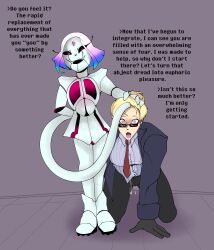  black_background black_sclera blonde_hair clothed dialogue drool empty_eyes english_text faetomi female_only femdom femsub kneeling milf multiple_girls open_mouth original pink_eyes pussy_juice red_eyes robot robot_girl short_hair simple_background sunglasses text tongue tongue_out 