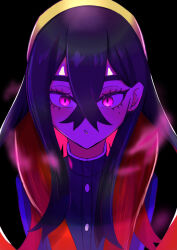  absurdres bangs black_hair blush carmine_(pokemon) expressionless female_only femsub glowing_eyes hairband kkk_175 looking_at_viewer mole multicolored_hair nintendo open_mouth pink_eyes pokemon pokemon_scarlet_and_violet red_hair solo 
