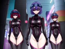  boots breasts cuffs drone expressionless female_only femsub gloves leotard multiple_girls multiple_subs original purple_hair red_hair rubber short_hair standing tech_control thigh_boots thighhighs torazu visor 