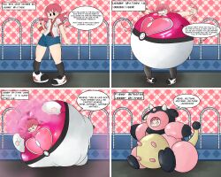  absurdres blush comic female_only femsub happy_trance inflatable inflation miltank nintendo pet_play pokeball pokemon pokemon_heartgold_and_soulsilver solo spiral_eyes symbol_in_eyes text transformation udders whitney yuna-mere 