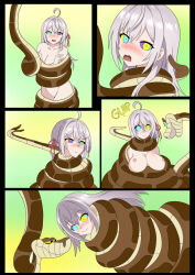 ahoge alisa_mikhailovna_kujou alya_sometimes_hides_her_feelings_in_russian asphyxiation bare_breasts black_eyes blush breasts cleavage coils crossed_arms crossover disney edicson english_text femsub grey_hair happy_trance hypnotic_eyes kaa kaa_eyes large_breasts long_hair looking_at_viewer maledom nude open_mouth restrained smile story text the_jungle_book yellow_sclera