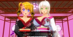 3d blonde_hair blue_eyes blush breasts curly_hair dialogue expressionless female_only green_eyes japanese_clothing kamen_writer_mc kimono large_breasts lipstick mc_trap_town multiple_girls multiple_subs ponytail red_lipstick screenshot spiral_eyes standing standing_at_attention symbol_in_eyes text translated white_hair