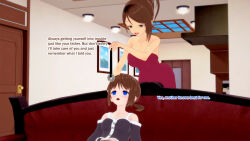 3d bangs blue_eyes blush brown_eyes brown_hair clothed couch dialogue dress empty_eyes eyebrows_visible_through_hair from_behind milf mother_and_daughter niccole_(gaint93) nikki_(gaint93) original pendulum red_dress sitting sonrio12 tied_hair