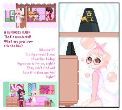 animated animated_gif blush border braid brown_eyes bubble dialogue dress english_text fabius femdom femsub freckles glasses kneeling metronome original pink_hair pixel_art shirt short_hair speech_bubble spiral_background text therapist traditional_hypnosis