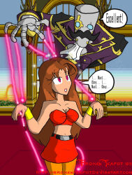 breasts brokenteapot brown_hair dialogue empty_eyes expressionless femsub human_puppet large_breasts long_hair magic maledom puppet robot text