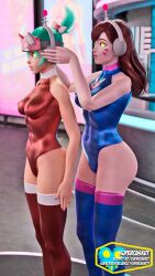  3d antenna brown_hair d.va fembot femsub green_hair happy_trance hypnotized_hypnotist kiriko_(overwatch) large_breasts leotard long_hair overwatch short_hair supercasket tagme tech_control 