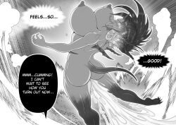  ass breasts cleavage dialogue flanc20 greyscale horns large_breasts original speech_bubble tail transformation wings 