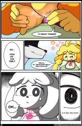  absurdres animal_crossing artifact_the_fox blonde_hair breasts clothed collar comic corruption dialogue dog_girl dress_shirt eyelashes flower fox_boy furry glowhorn glowing heart isabelle_(animal_crossing) large_breasts magic monochrome nintendo open_mouth original plant sharp_teeth simple_background smile sparkle speech_bubble sweat white_background 