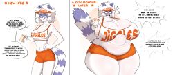  absurdres animal_ears artist_request ass_expansion bare_legs bare_shoulders breast_expansion character_request clothed comic copyright_request english_text fat femsub furry groping hooters huge_breasts nipples short_hair shorts sideboob solo stomach_bulge surprised sweat tail tank_top text thick_thighs thighs trance_break transformation unaware weight_gain white_hair 