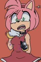 absurdres amy_rose animal_ears bracelet breast_expansion breasts broth_nsfw clothed collar confused corruption dress female_only femsub furry hedgehog_girl scared skirt solo sonic_the_hedgehog_(series) standing tears thesalazar tongue