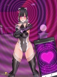 3d absurdres bare_shoulders black_hair blush boots breath cell_phone cosplay custom_maid_3d_2 dfish303 empty_eyes female_only femsub fishnets gloves glowing_eyes hair_ornament huge_breasts hypnotic_app japanese_text knife leotard open_mouth opera_gloves original phone pink_eyes pov pov_dom pussy_juice ribbon rubber solo spiral spiral_background standing straight-cut_bangs taimanin_(series) tech_control thigh_boots thighhighs weapon