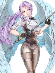 alternate_costume alternate_hairstyle angel angel_girl breasts femsub gloves happy_trance long_hair looking_at_viewer ludociel maledom margaret_(the_seven_deadly_sins) mononono ponytail possession purple_hair smile sword the_seven_deadly_sins tights wings yellow_eyes