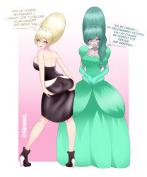 absurdres ass ass_focus ass_grab beehive_hair blonde_hair border braid breasts cleavage dialogue dress emi_(izanagistruth) english_text female_only femsub gloves gradient_background green_hair happy_trance high_heels kronobas28 large_breasts multiple_girls multiple_subs opera_gloves original princess princessification robot robot_girl simple_background smile speech_bubble spiral spiral_eyes symbol_in_eyes text v.i.a._(goddess_sonia)