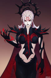 alien alternate_costume alternate_hair_color black_lipstick breasts cape corruption earrings evil_smile eye_color_change facial_markings femsub happy_trance hela jewelry lipstick long_hair makeup marvel_comics marvel_rivals parasite possession red_eyes smgold smile spider-man_(series) spiral symbiote