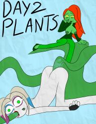 batman_(series) blonde_hair breasts clown_girl dc_comics green_eyes harley_quinn hypnovember lipstick_mark open_clothes plant poison_ivy red_hair simple_background tcross tentacles