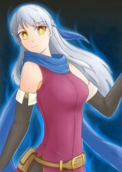  armpits aura bare_shoulders black_background breasts dress enbu female_only fire_emblem_engage fire_emblem_radiant_dawn gloves grey_hair long_hair looking_at_viewer micaiah nintendo pantyhose scarf silver_hair smile solo yellow_eyes 