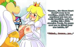 blonde_hair bottomless bowser breasts breasts_outside bridal_veil crown dialogue dress erection femdom femsub furry gloves glowing glowing_eyes jewelry large_breasts manip multiple_girls nastasia nintendo non-human_penis open_clothes opera_gloves paizuri paper_mario penis princess princess_peach super_mario_bros. super_paper_mario text vorp_(manipper) wedding_dress