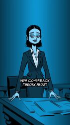 bare_shoulders blue_background business_suit clothed dress earrings english_text evil_smile eyeshadow fairy femdom humor hypnotic_magic jewelry lipstick long_skirt magic malesub necklace noirandpumpkinspice oh_mother_of_darkness original punkeydoodles_(manipper) short_hair shrunken_irises sitting skirt smile sparkle subtitled suit table tagme text tie video voice_acted wall_eyed wings zackspeaksgiant_(voice)