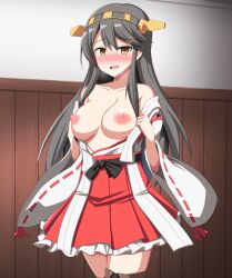  altered_common_sense black_hair blush breasts cleavage collarbone empty_eyes erect_nipples exposed_chest female_only femsub haruna_(kantai_collection) kantai_collection large_breasts long_hair open_mouth orange_eyes paradox skirt solo undressing 