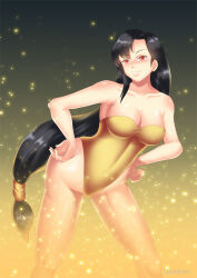 black_hair breasts cleavage corruption empty_eyes female_only femsub final_fantasy final_fantasy_vii gradient_background hadant happy_trance large_breasts leotard looking_at_viewer pollensalta signature simple_background solo tifa_lockhart very_long_hair watermark