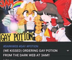  blonde_hair blush bottle braid brown_hair closed_eyes clothed dress english_text female_only femdom femsub frills hair_ornament hair_ribbon heart humor lesonatana long_hair love_potion marisa_kirisame meme night open_mouth parody reimu_hakurei ribbon sexuality_change shrine_maiden text touhou witch witch_hat yellow_eyes youtube yuri 