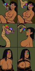  black_hair breasts breasts_outside coils colorrings comic crossed_arms dazed forked_tongue hypnotic_eyes jungle kaa kaa_eyes loincloth long_hair open_mouth restrained snake 