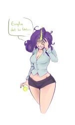 bare_legs breasts cleavage corruption curly_hair evil_smile femsub glowing glowing_eyes green_eyes happy_trance horns large_breasts long_hair magic midriff my_little_pony personification purple_hair rarity smile sundown text traditional