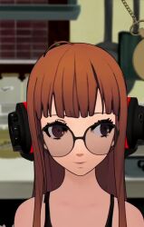 3d ahoge animated dazed female_only femsub futaba_sakura glasses happy_trance headphones long_hair orange_hair pendulum persona_(series) persona_5 smile solo sound spiralwash_eyes tagme video vynil